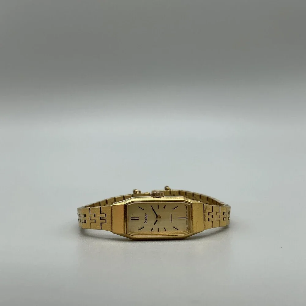 Vintage Pulsar Womens Watch 12mm Gold Tone Rectangle V201-2290 New Battery 5.5
